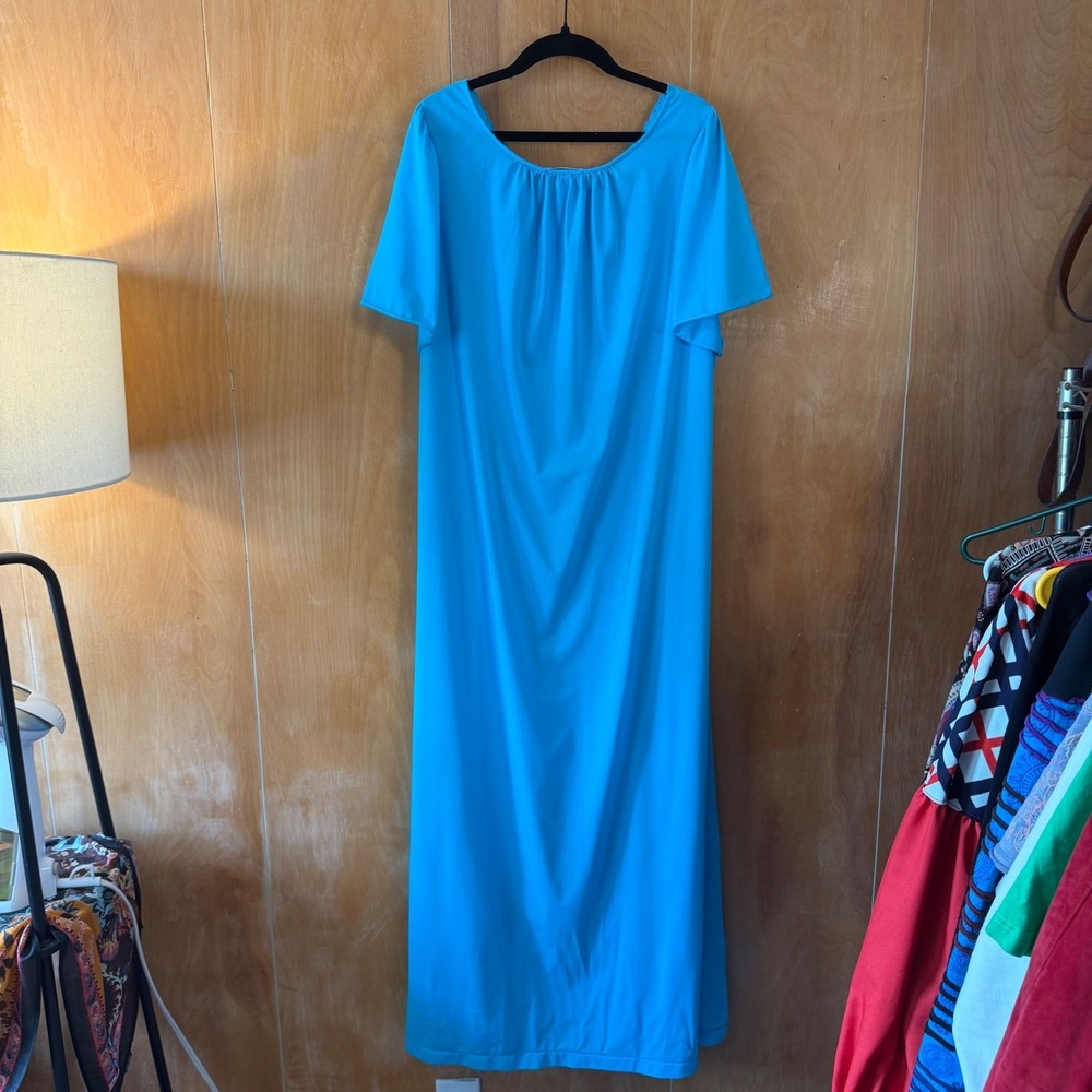 Shadowline Turquoise Blue Floral Embroidered Nylon Maxi Nightgown Womens 2X - Picture 3 of 7